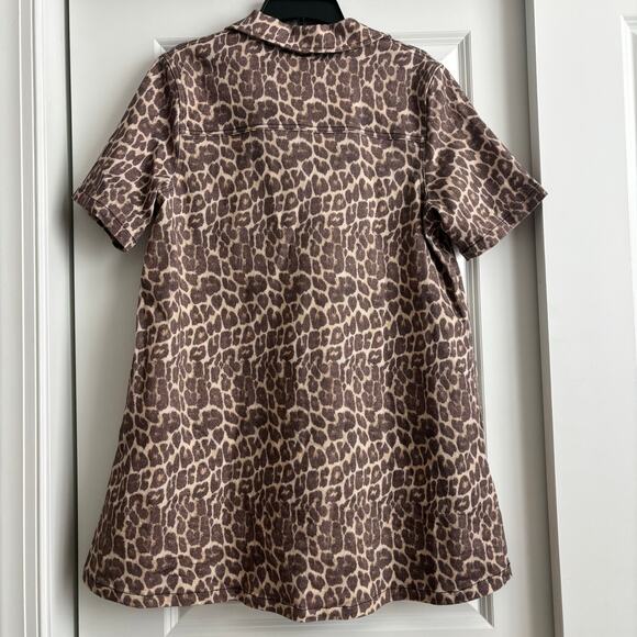 Karlie Leopard Denim Pocket Mini Dress Sz L Animal Print Short Sleeve Pullover - Picture 6 of 10